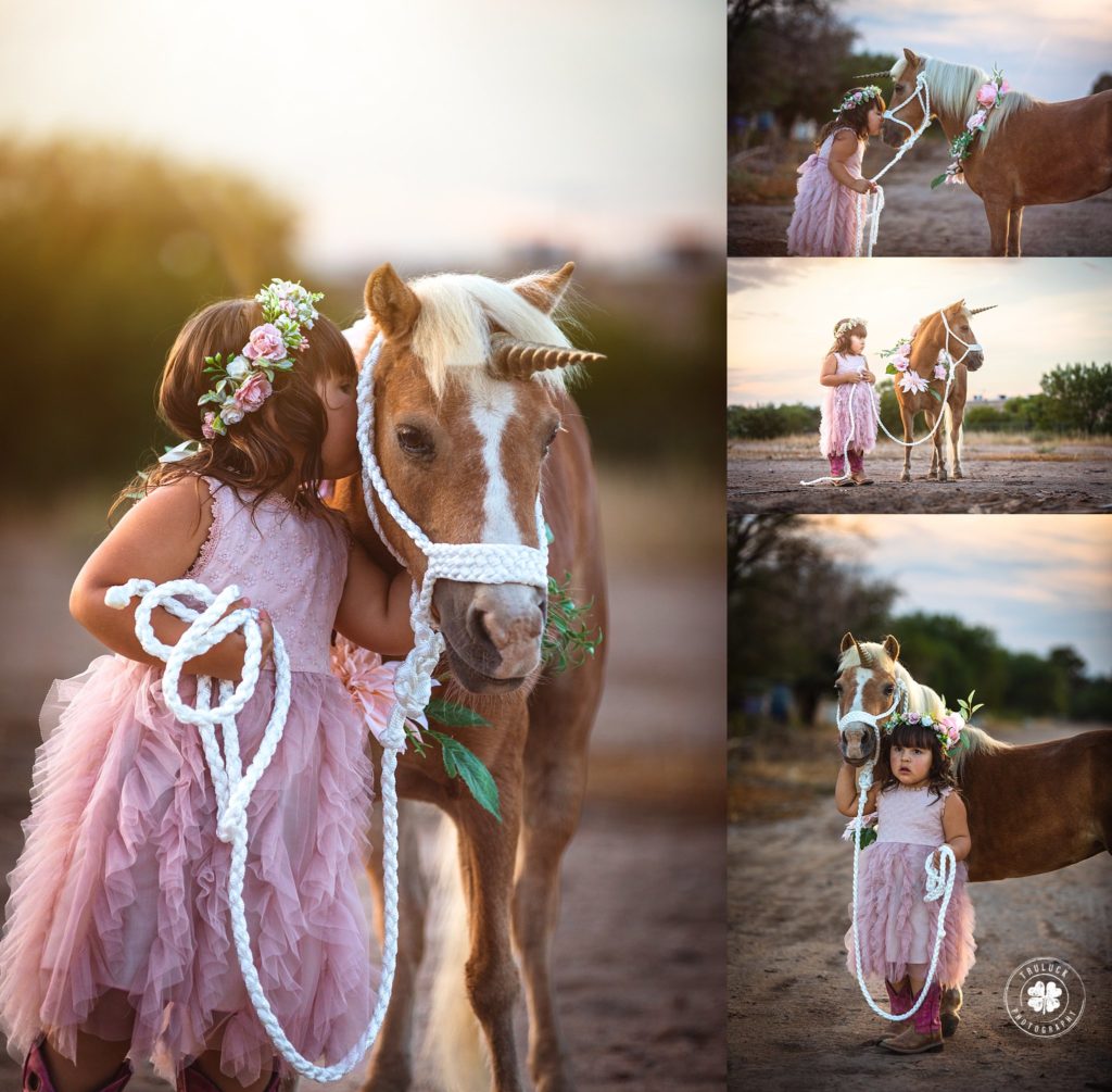 A collage of photographs of a toddler girl in a pink dress standing next to and kissing a palomino miniature horse with a golden unicorn horn.  These photos are a collection for unicorn sessions that will be held in El Paso, Texas.