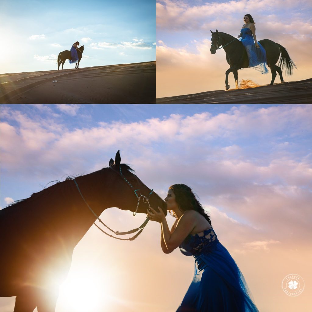 Photograph of a woman in a blue dress and her heart horse posing in Red Sands, El Paso, Texas. 