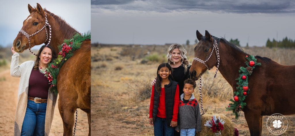 Two photographs of families dressed up for Christmas mini photos posing with horses wearing Christmas garland around their necks. 