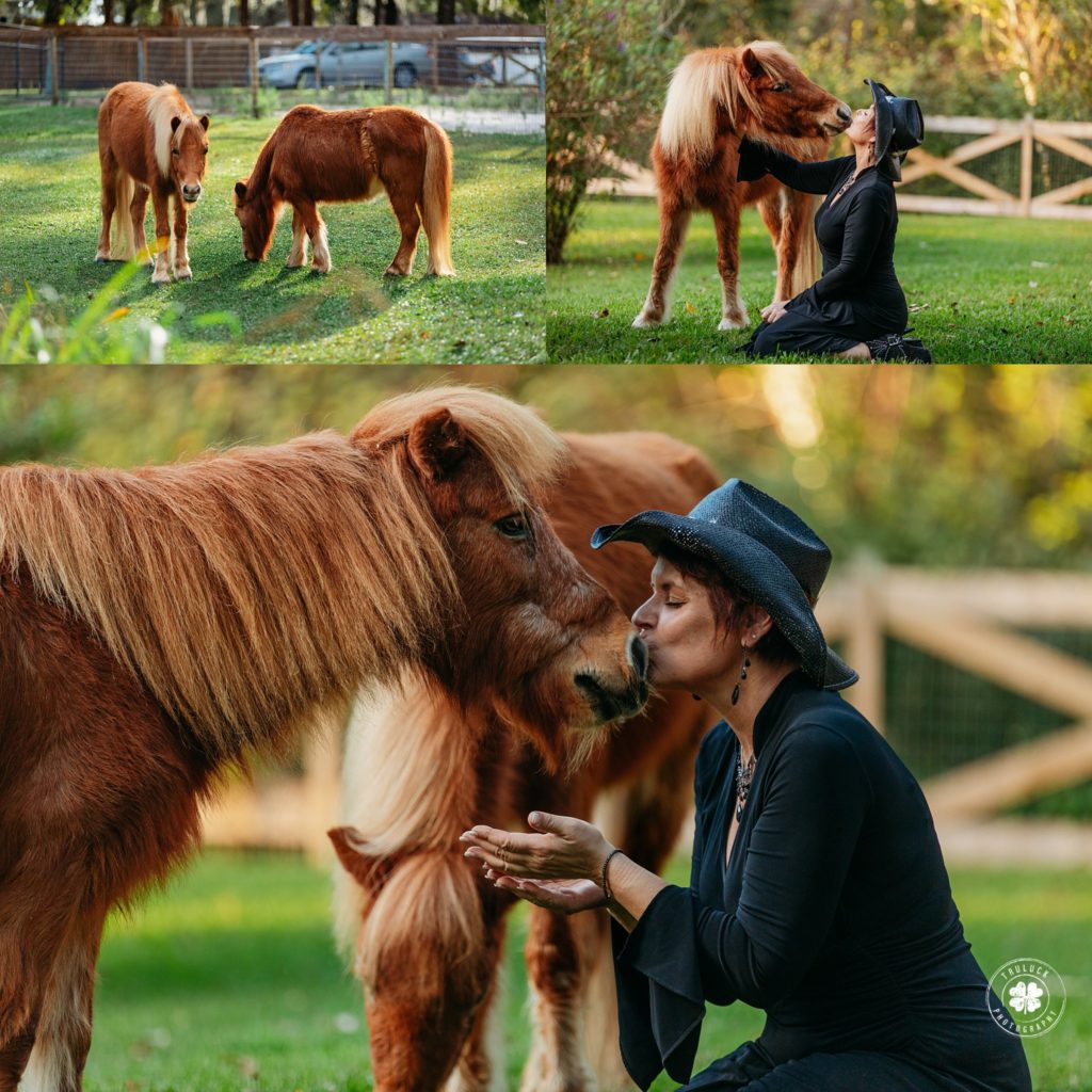 Collage of photographs of a woman with her miniature horses. 
