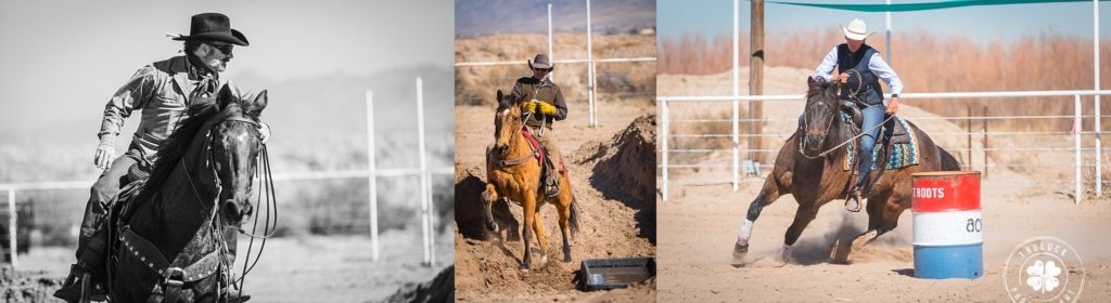 Collage of cowboys and cowgirls competing in an extreme cowboy race on their horses. 