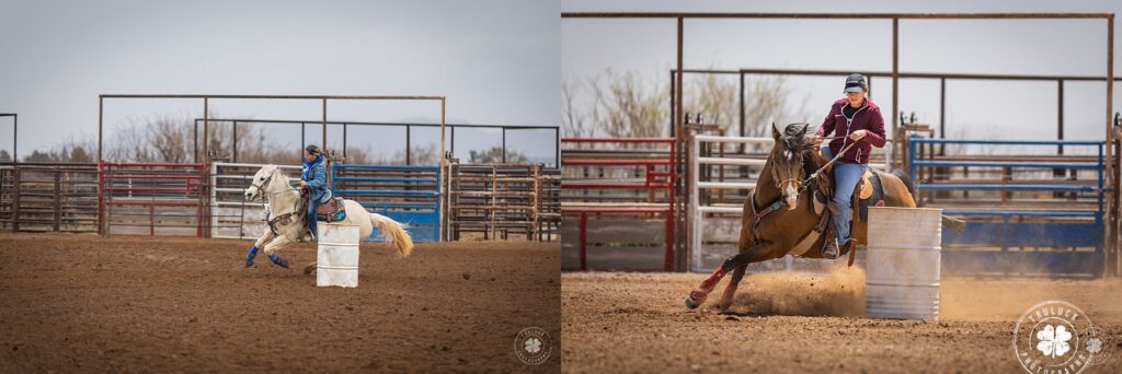 Photograph comparing two barrel racers photographed using two lenses, the Canon 70-200mm f/2.8 on left and a more zoomed in photos using the Canon 100-400mm f/4.5-5.6. 