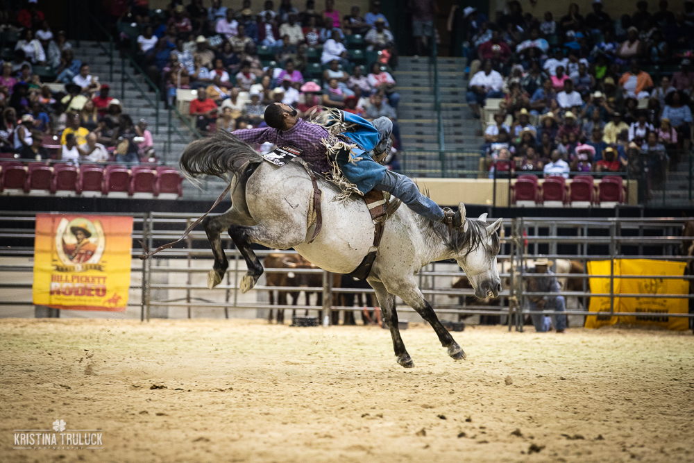 Photograph of a cowboy riding a bucking horse during a rodeo in Maryland. 