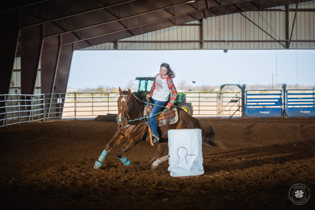 Photograph of a cowgirl riding a chestnut horse around a white barrel in a covered arena in Tularosa, New Mexico. 