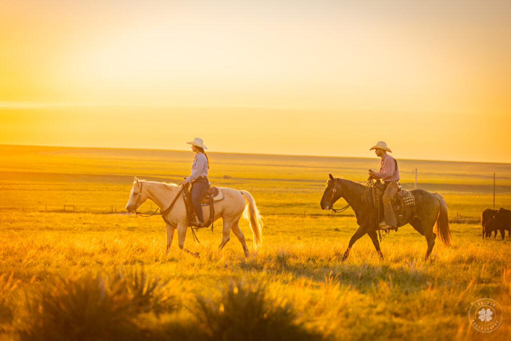 A photograph of a cowboy and cowgirl riding their horses at sunrise.  