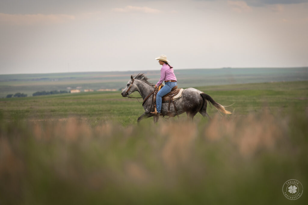 Photograph of a cowgirl riding a dappled gray horse through a field in Scott City, Kansas.  
