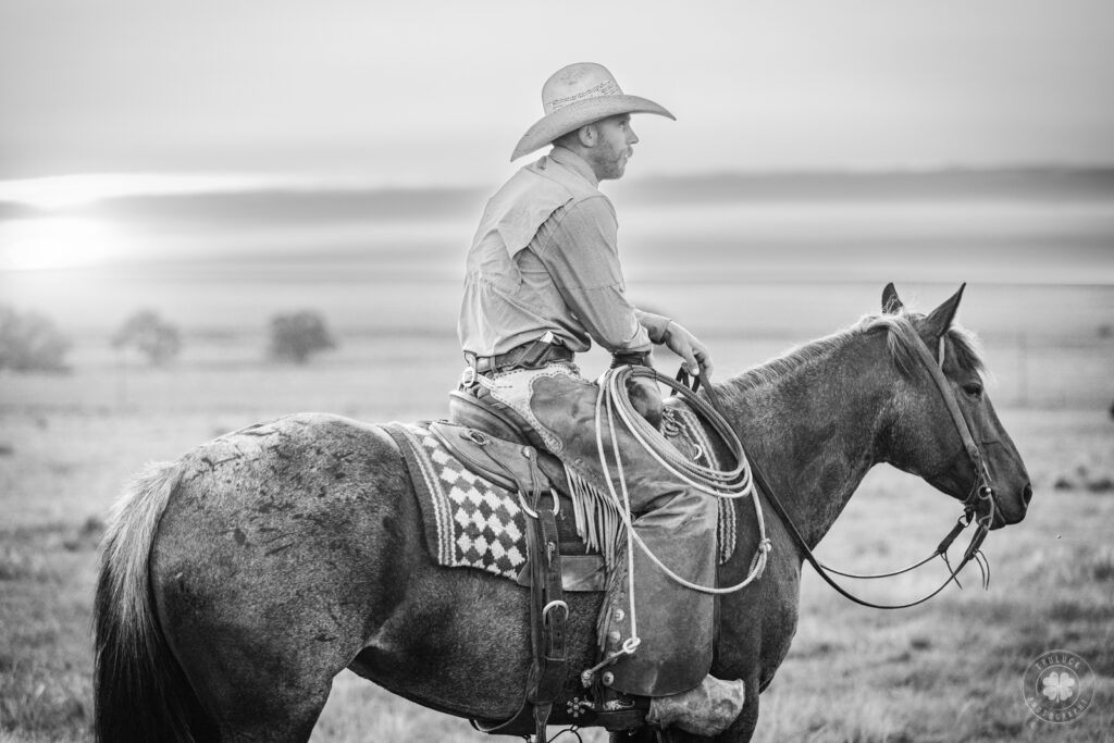 Black and white photograph of a cowboy sitting on a roan horse in a pasture. 