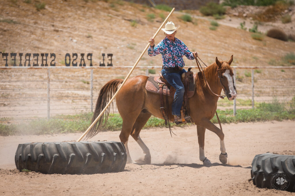 Photograph of a horse and rider going around a tractor tire with a long pole during and Extreme Cowboy Race in Sunland Park, New Mexico.  