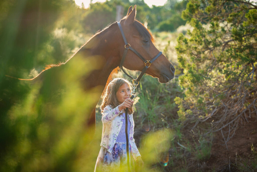 Photograph of a girl holding the lead rope of a bay Arabian horse in New Mexico.  She is looking at the horse with a smile on her face. 