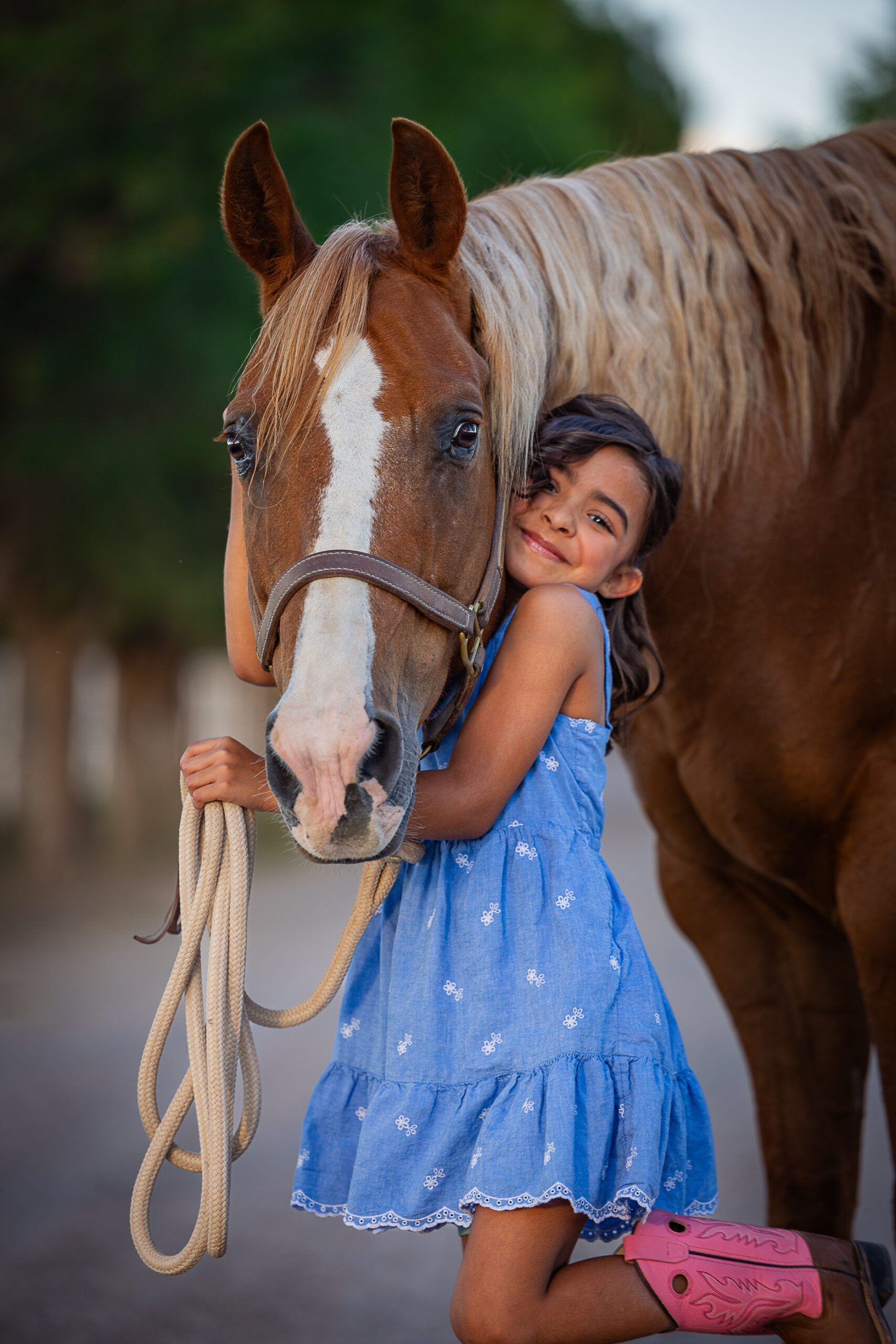 Photograph of a young girl hugging her horse's neck in El Paso, Texas.