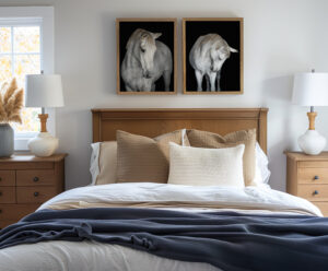 Photograph of a tan and white bedroom with two framed black background portraits of a gray horse hung above the bed.