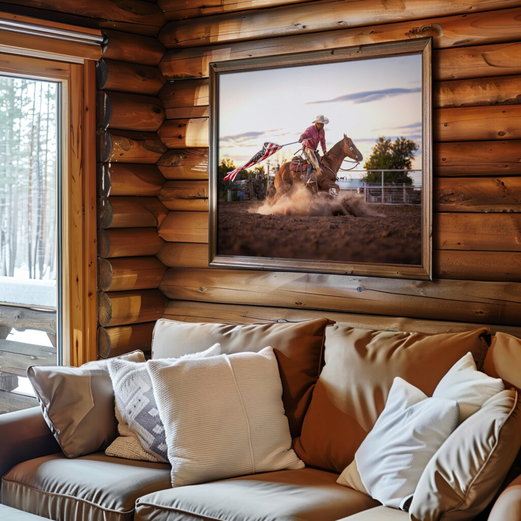 Photograph of the inside of a log cabin with wood walls and a cream sofa with a large print of a cowboy spinning his horse in the dirt with a big dust cloud holding the American flag behind him.