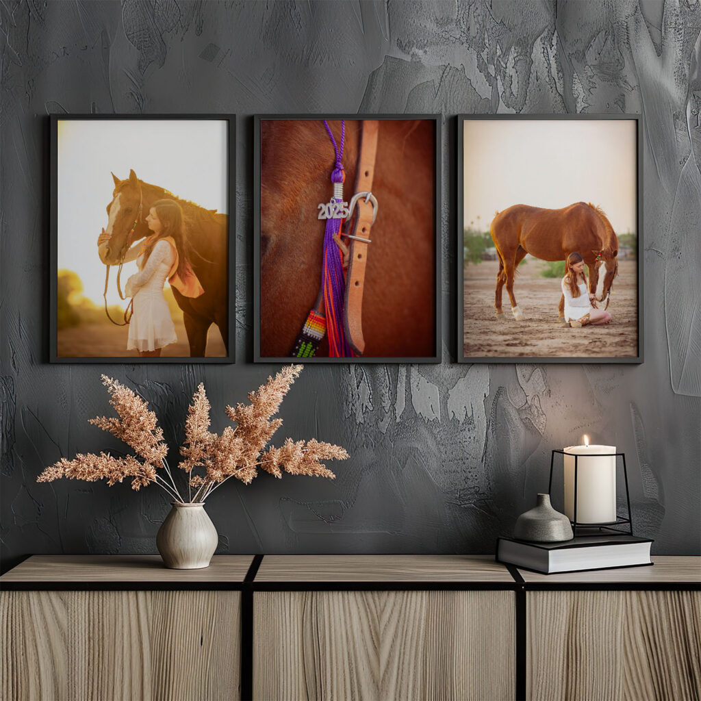 Photograph of three framed photographs from a senior session: a medium crop of the high school senior holding her chestnut horse's nose and looking at her eye, a close up of her 2025 tassel looped over her horse's bridle, and a zoomed out full-body shot of the girl in a white dress sitting at her horse's front legs with her horse dropping her head and looking at her in El Paso, Texas.