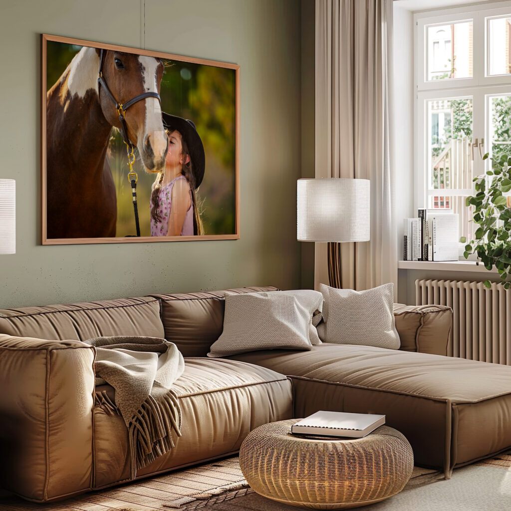 Photograph of a tan living room with a larger-than-life framed canvas of a little girl kissing the muzzle of a bay paint mare in Santa Fe, New Mexico.