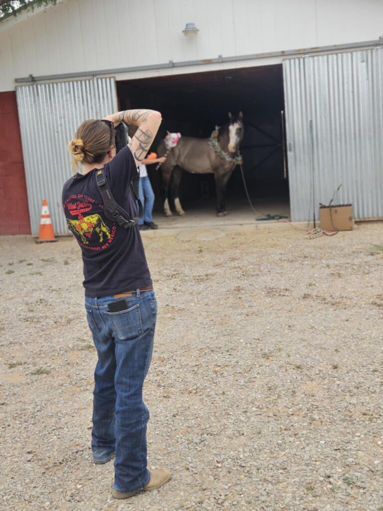 Photograph of Kristina Truluck of Truluck Photography photographing a horse in a barn aisle for a black background session in Las Cruces, New Mexico. 